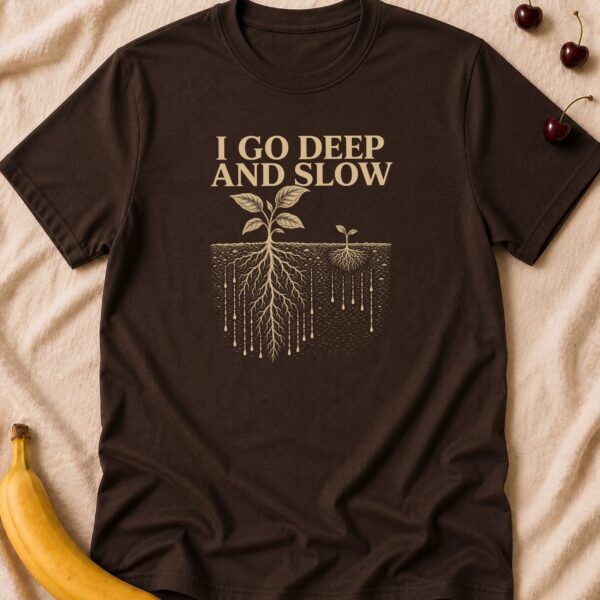 I Go Deep And Slow t-shirt with botanical roots graphic